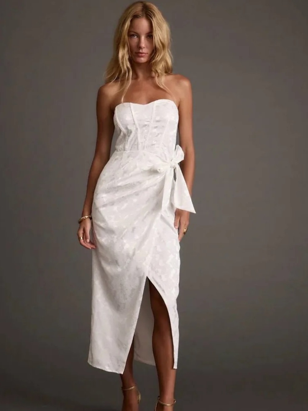 12th Tribe Strapless White Tie-Waist Midi Dress